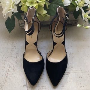 ADRIENNE VITTADINI Black Suede Double Ankle Strap Zippered Stiletto Heels NWOB